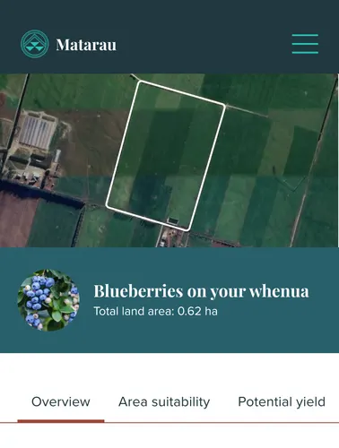 Phone screen showing the Blueberries on your whenua overview, with a satellite map of a land block.