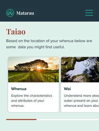 Phone screen showing the Taiao section with cards for Whenua and Wai.