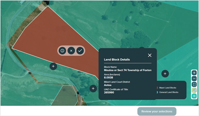 Screenshot of map showing land block details and the menu bar