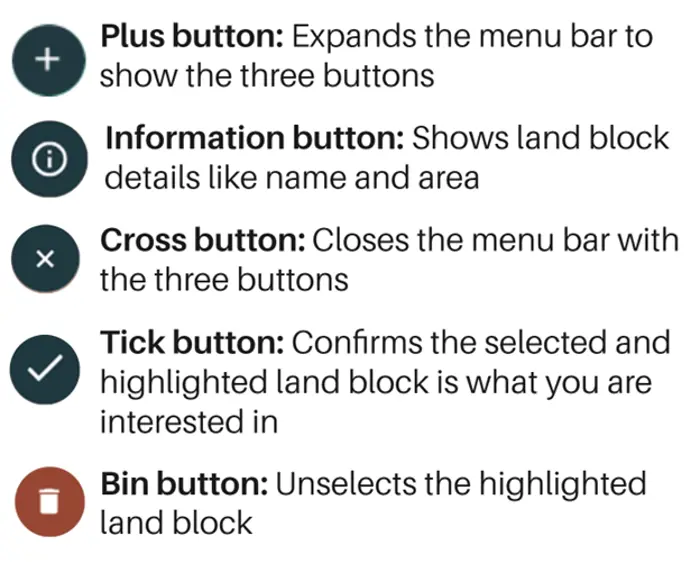 List of icon buttons in the map menu bar. Show information on land block, tick to confirm selected land block, cross to close the menu bar, bin to unselect the land block