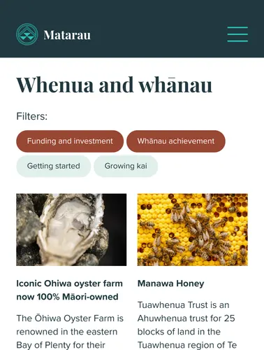 Phone screen showing the Whenua and whānau stories page with filters and cards for an oyster farm and Manawa Honey.