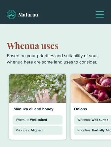 Phone screen showing the Whenua uses page with cards for mānuka oil and honey and onions.