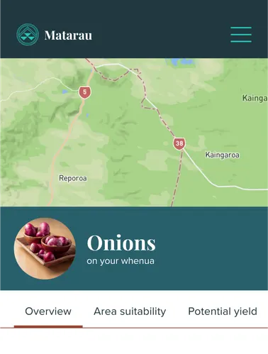 Phone screen showing the Onions on your whenua overview, with a road map.