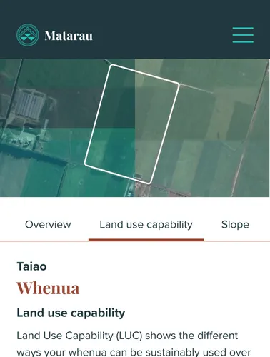 Phone screen showing the Land use capability tab for a whenua, with a satellite map of a land block.