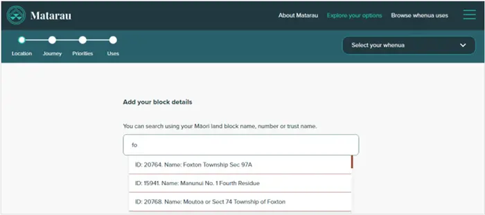 Screenshot of search bar for whenua Māori with dropdown list of results