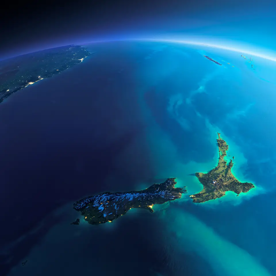 Satellite view of New Zealand surrounded by blue ocean