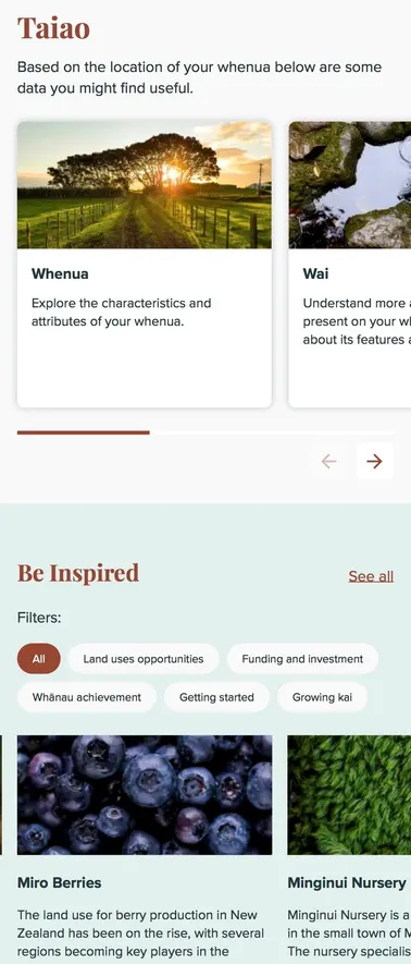 Phone screen showing the Taiao section with cards for Whenua and Wai, above the Be Inspired stories.