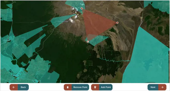 Screenshot of map showing three points added to the map and an area highlighted to represent a custom shape land block