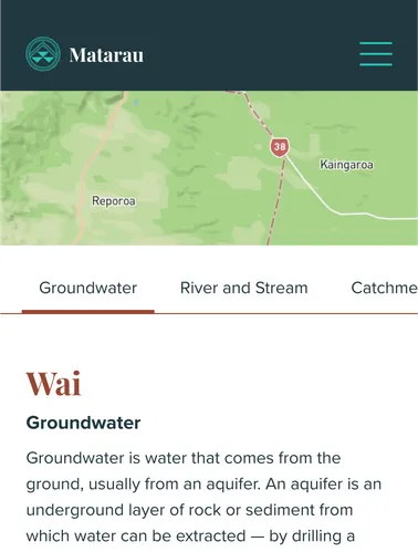 Phone screen showing the Wai section, Groundwater tab, with a road map.